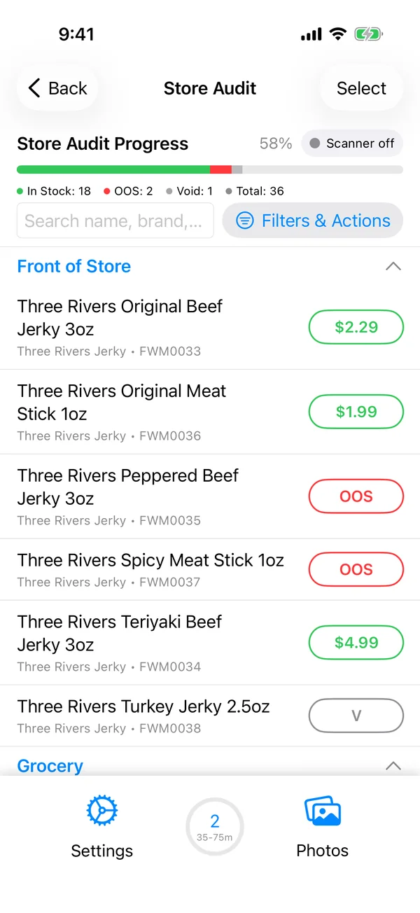 AuditPro iOS app showing a store audit in progress with prices, out-of-stocks and voids