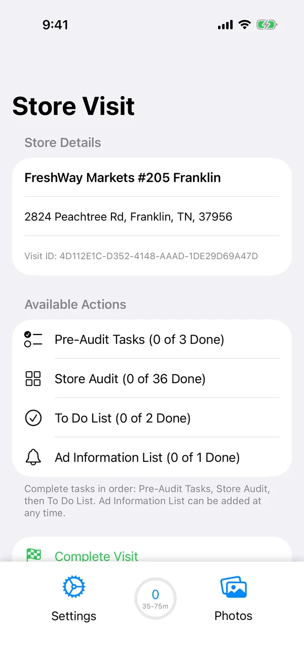 Visit home screen listing pre-audit tasks, store audit, to-do list and ad information