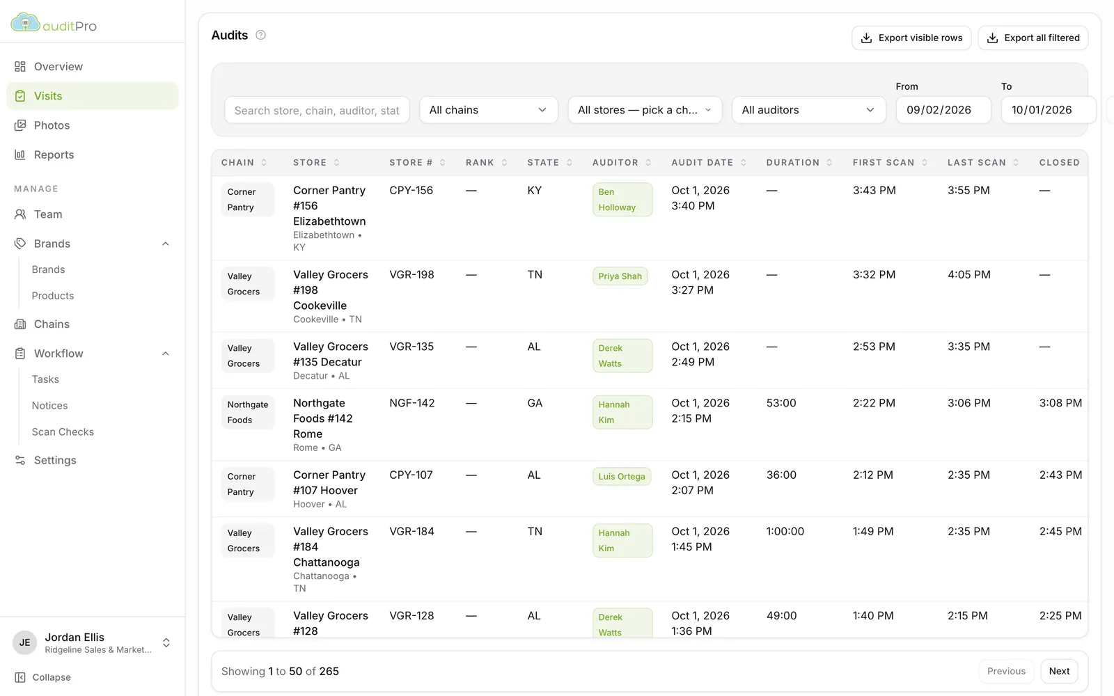 Visits table filtered by chain, store, auditor and date